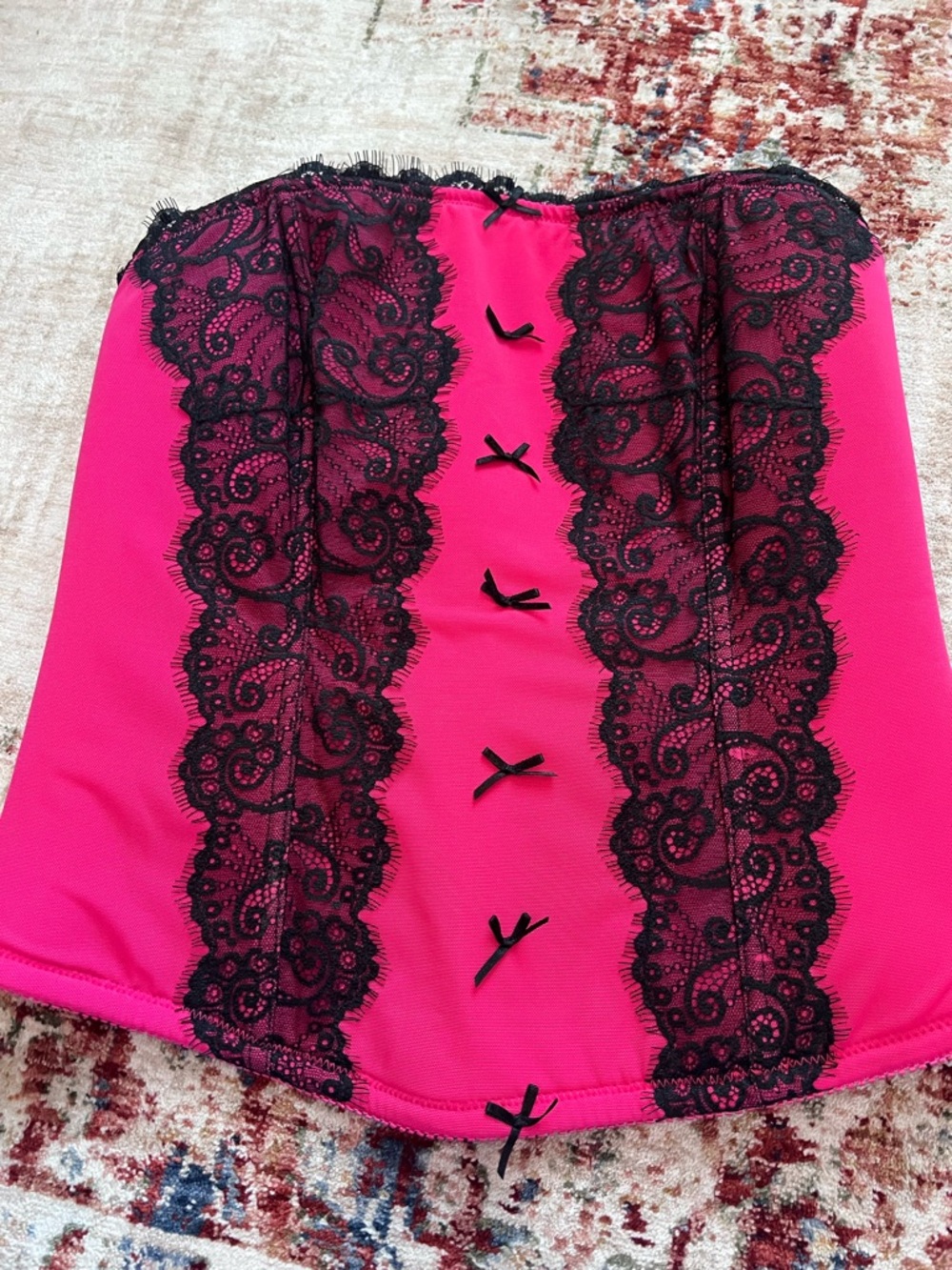 Bundle-Pink Lace-Trim Corset, Blue Satin Bustier Corset, & black thigh highs